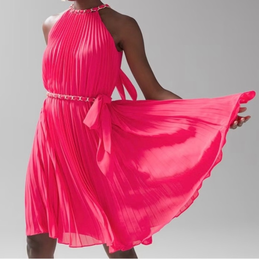 NWT White House Black Market Pleated Halter with Chain Detail Dress Size L